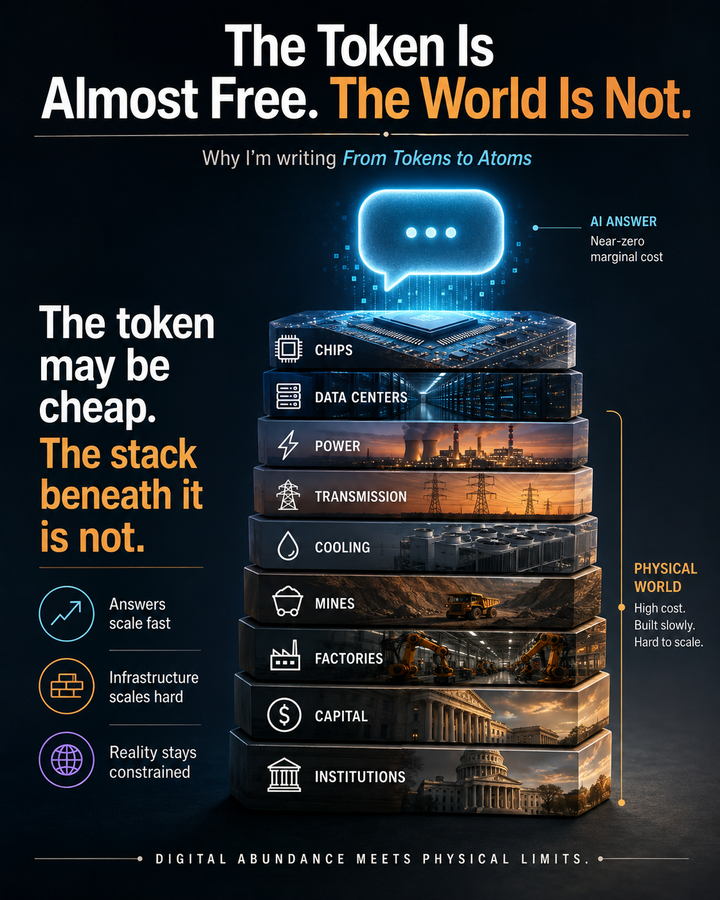 A layered stack of chips, data centers, power, transmission, cooling, mines, factories, capital, and institutions beneath a near-zero-cost AI answer.