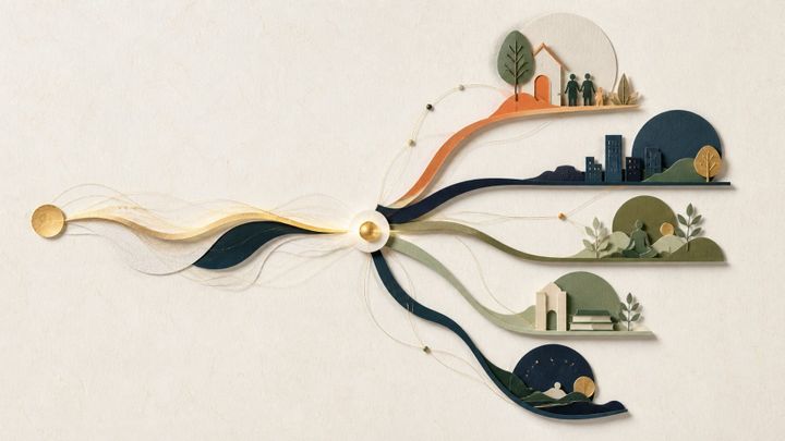 A finite stream of time and attention branches toward family, work, health, learning, and rest.