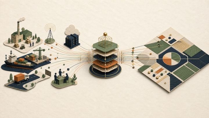 Physical and digital business events flow through a layered allocation model into a balanced economic map.