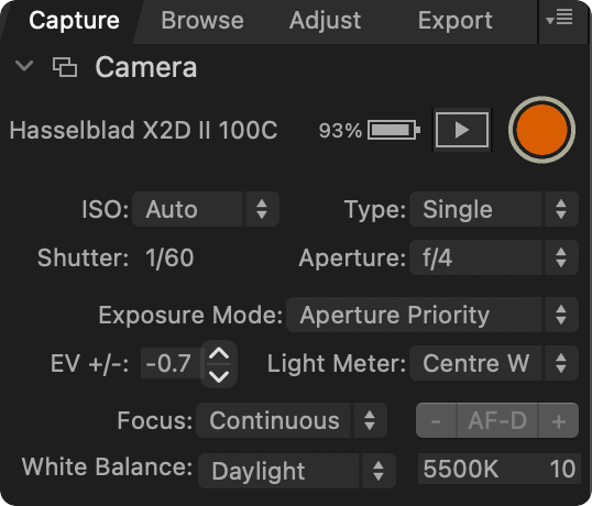 Phocus Camera tool showing tethered controls