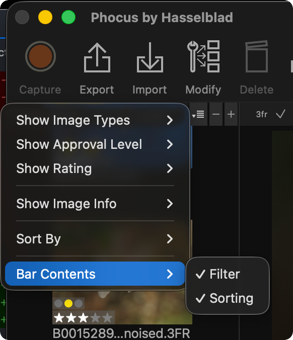 Phocus Bar Contents submenu