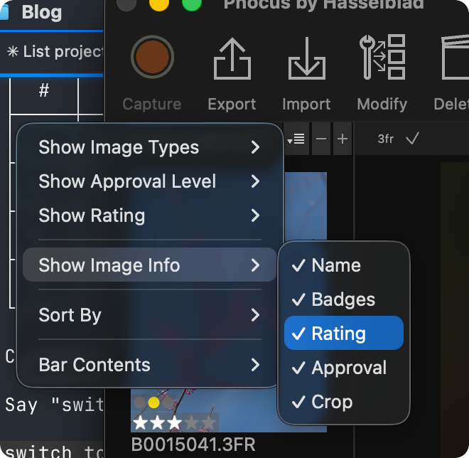 Phocus thumbnail browser options menu in portrait layout mode
