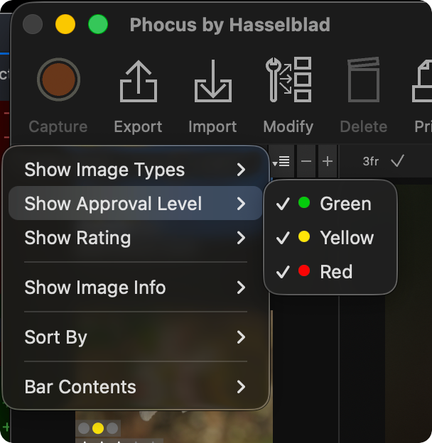 Phocus Show Approval Level submenu