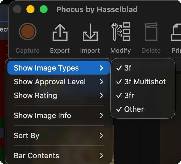 Phocus Show Image Types submenu