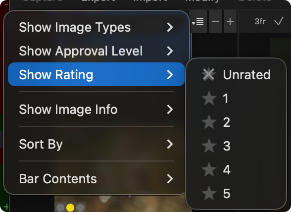 Phocus Show Rating submenu
