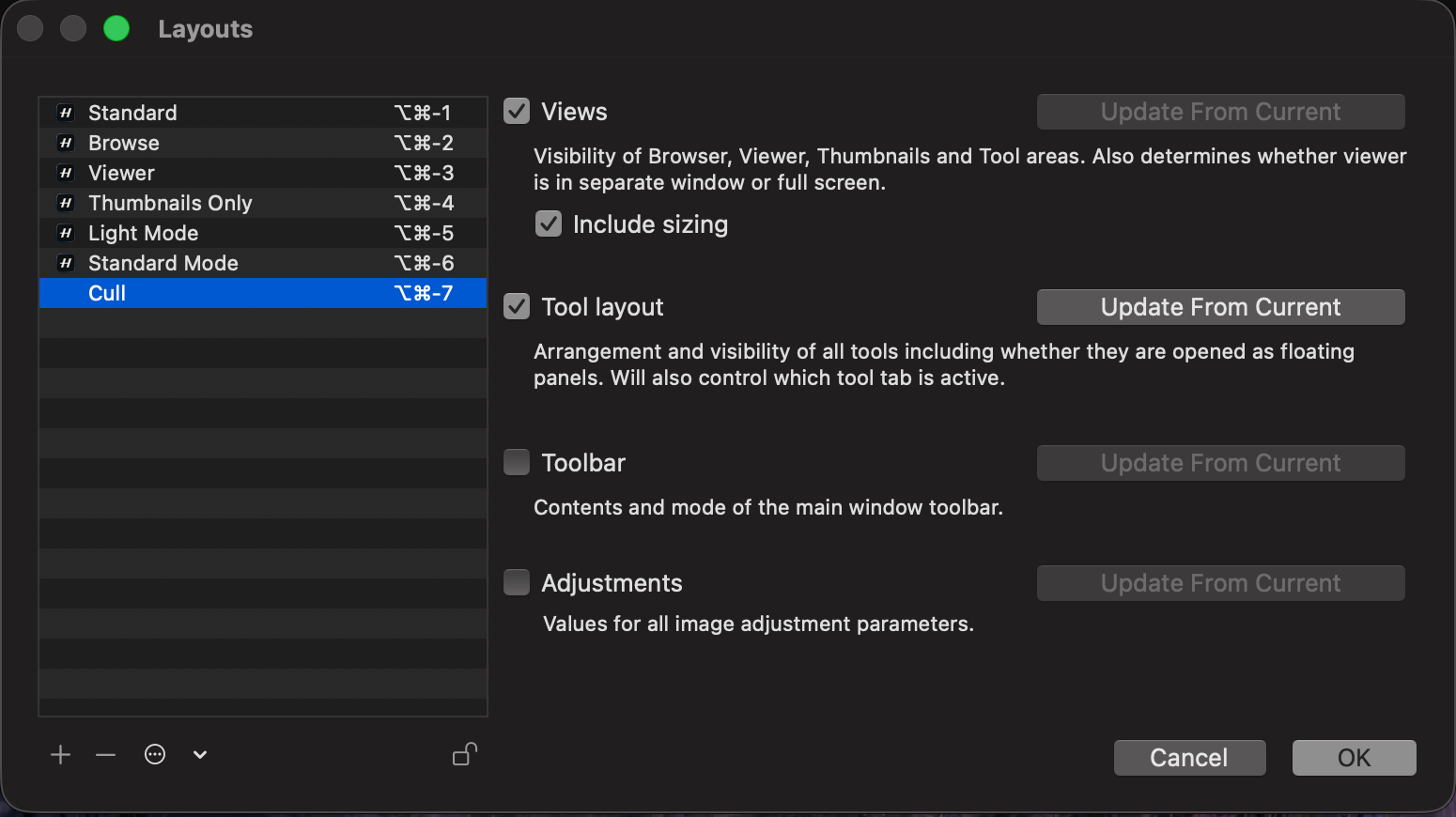 Phocus custom layout editor showing saveable scope options