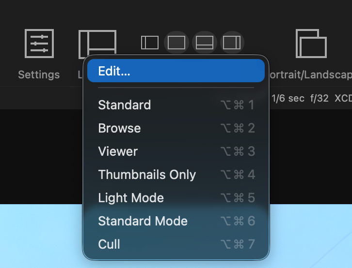 Phocus toolbar with layout selector dropdown highlighted