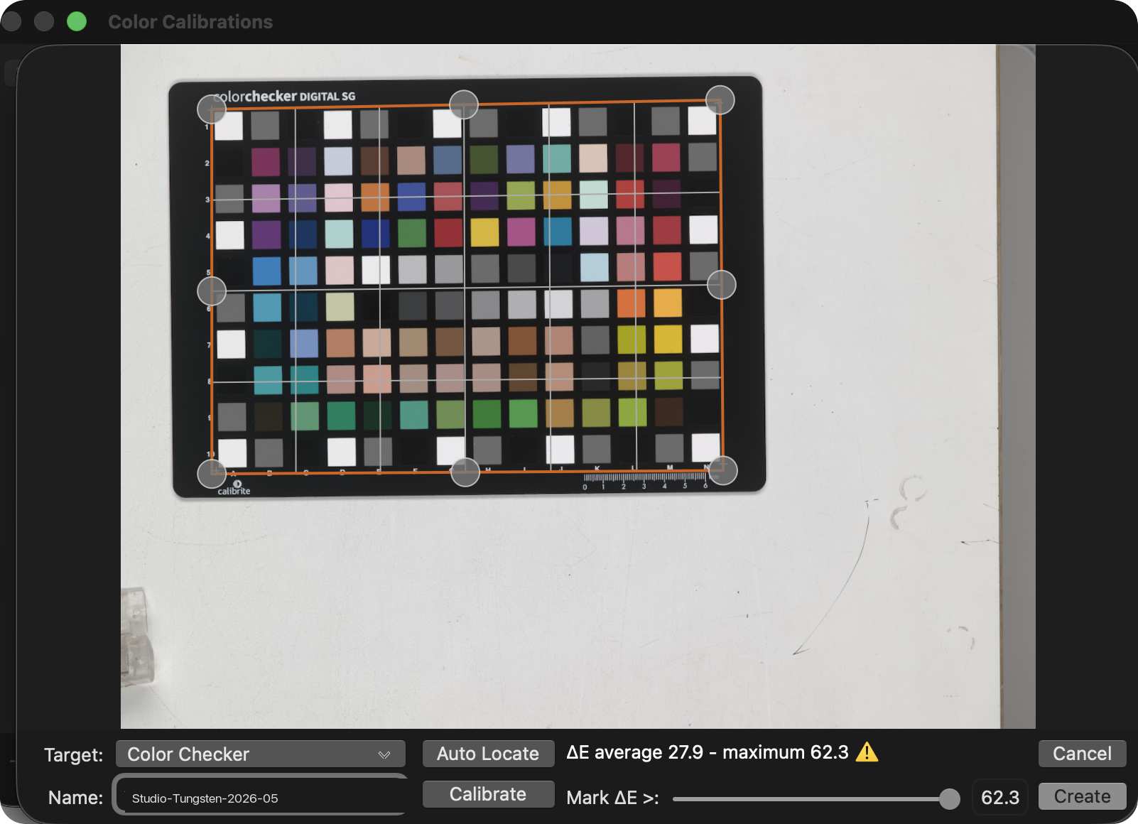 The Color Calibrations editor with a ColorChecker Digital SG loaded and the patch grid overlaid. The ΔE values shown here (27.9 average, 62.3 maximum) are the visual signature of selecting the wrong Target variant against this card. A correctly-matched build on the same capture lands at average 1.5-3.