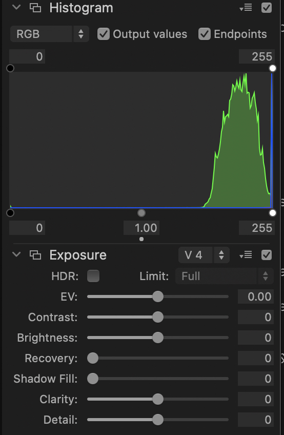 Phocus Histogram and Exposure panels with the HDR checkbox unchecked. The histogram fits inside the standard 0 to 255 SDR luminance range, with the Limit dropdown grayed out.