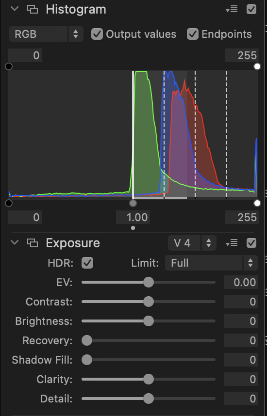 Phocus Histogram and Exposure panels with the HDR checkbox enabled. The histogram now extends across the wider HDR luminance range with multiple color channels visible, with the Limit dropdown active and set to Full.