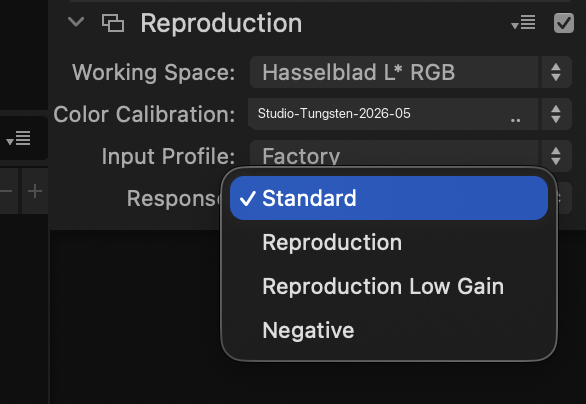 The Response dropdown opened, showing all four options: Standard (the default), Reproduction, Reproduction Low Gain, and Negative.