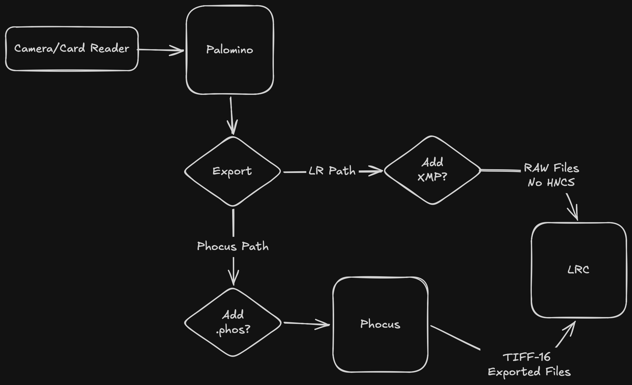 Flowchart of Palomino export settings: XMP off and .phos on for Phocus; XMP on and no .phos for Lightroom Classic.