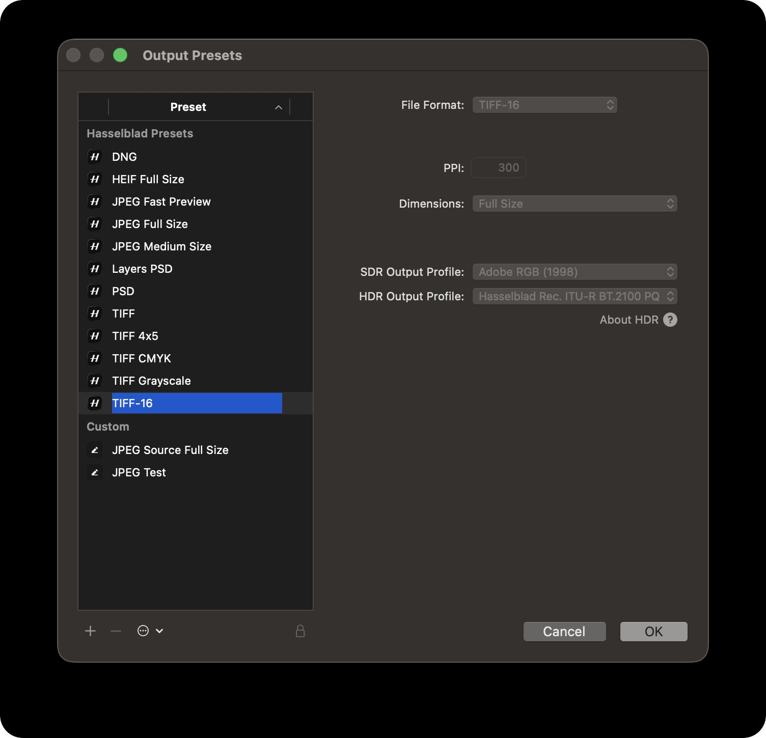 The Phocus 4.2 Output Presets editor with the built-in TIFF-16 preset selected, showing Full Size dimensions and the default output profile fields