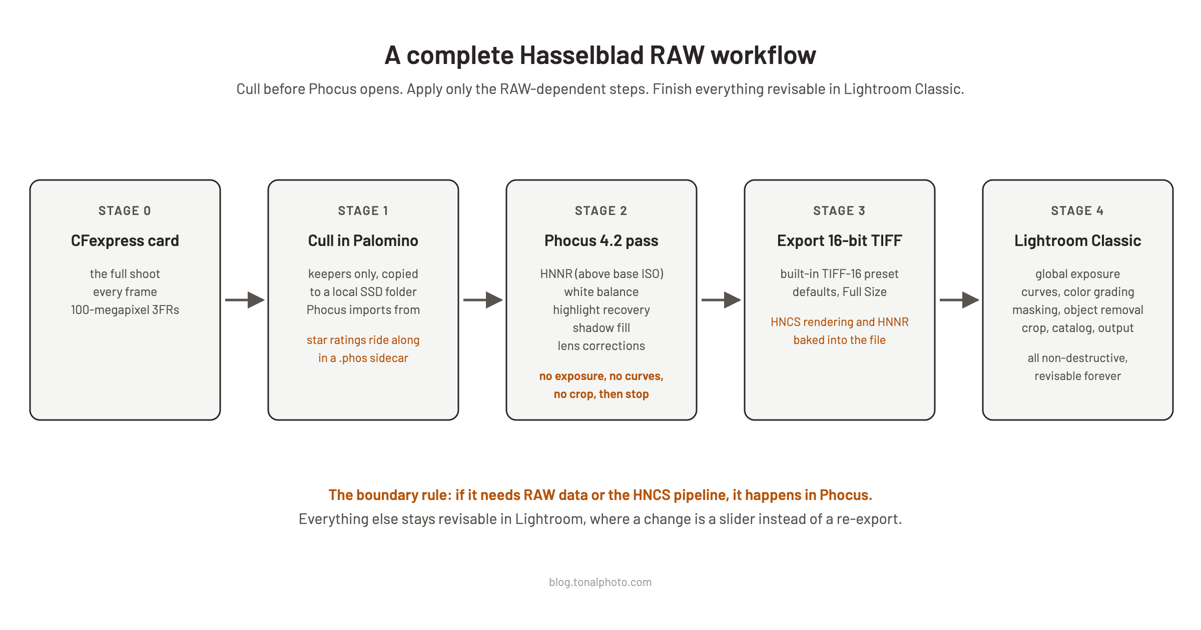 The complete Hasselblad RAW workflow: CFexpress card, cull in Palomino, Phocus 4.2 RAW-dependent pass, 16-bit TIFF export, finish in Lightroom Classic