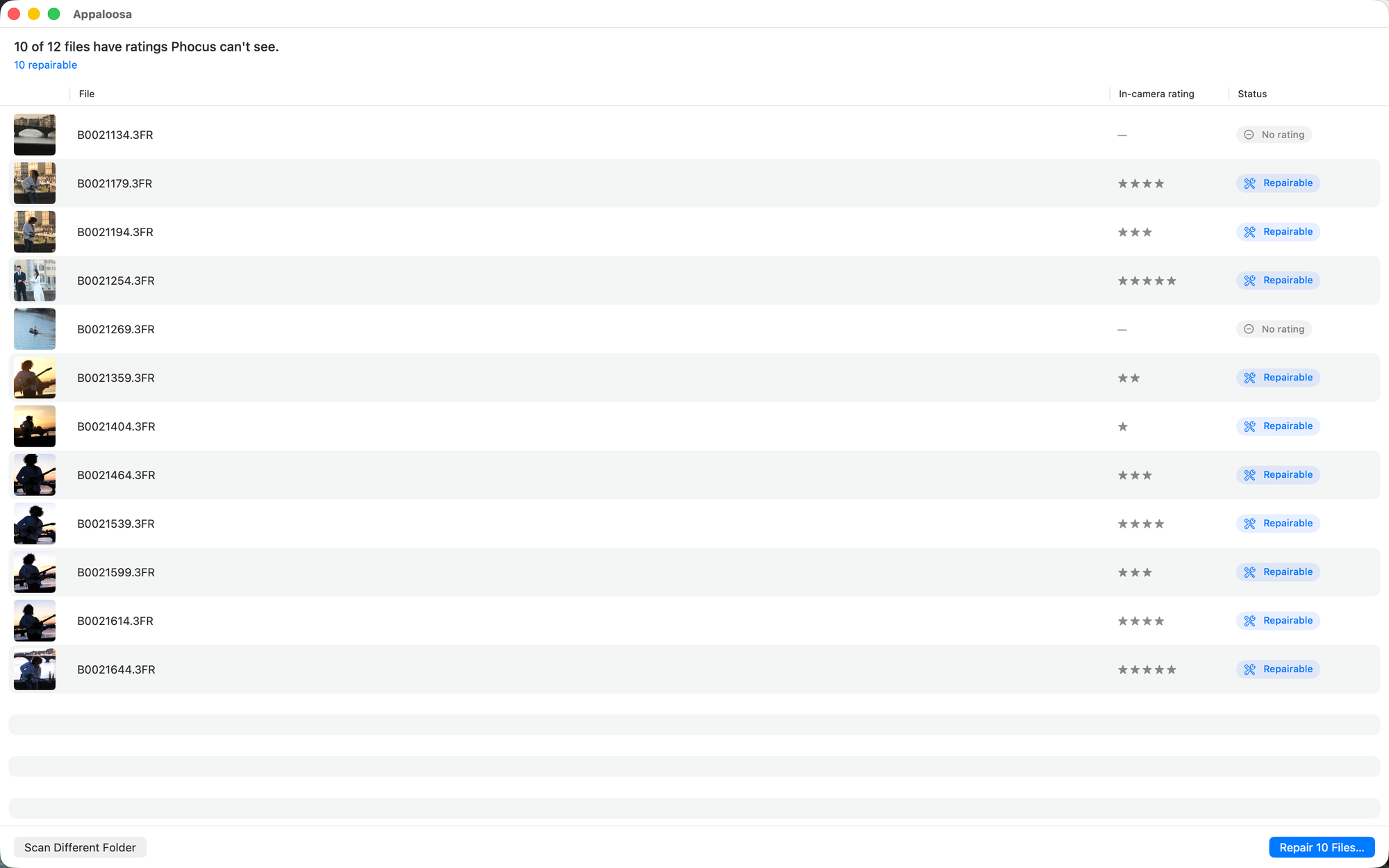 Appaloosa scan results: 10 of 12 files have ratings Phocus can't see, each listed with its in-camera star rating and a Repairable status