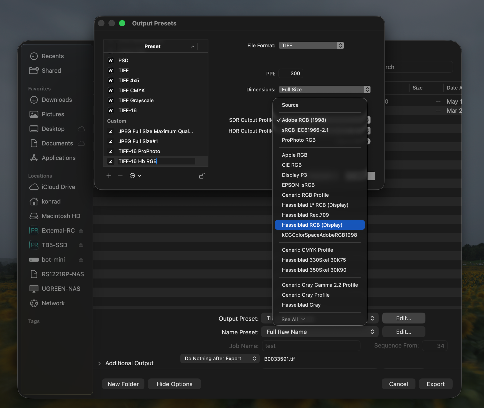 The Phocus Output Presets editor with the SDR Output Profile dropdown open, listing Adobe RGB, sRGB, ProPhoto RGB, Display P3, Hasselblad Rec.709 and the corrected Hasselblad RGB (Display) entry, with no plain Hasselblad RGB anywhere in the list