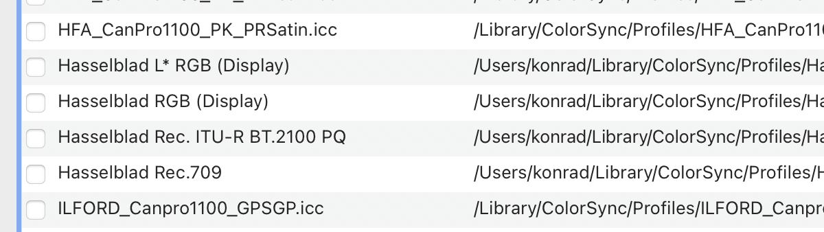 The Lightroom Classic Choose Profiles dialog showing Hasselblad L* RGB (Display) and Hasselblad RGB (Display) listed alongside Hasselblad Rec.709 and Hasselblad Rec. ITU-R BT.2100 PQ
