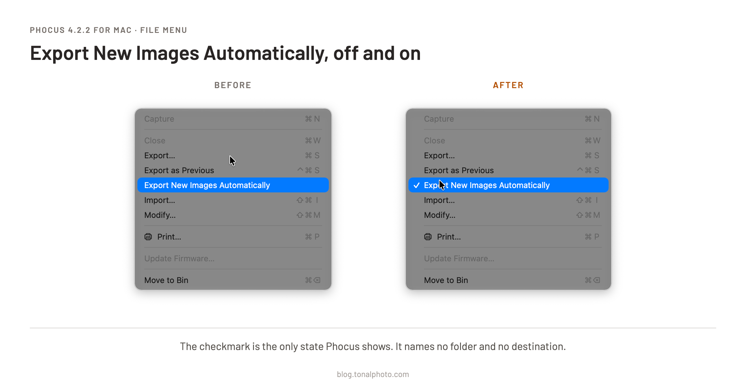 Phocus 4.2.2 File menu before and after choosing Export New Images Automatically. The only difference is a checkmark next to the item