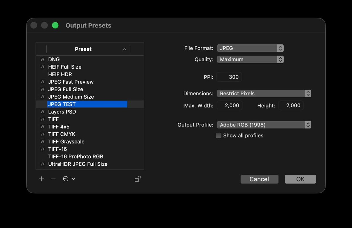 Phocus 4.1.2 Output Presets dialog showing a JPEG preset with Dimensions set to Restrict Pixels, Max Width 2000, Max Height 2000.