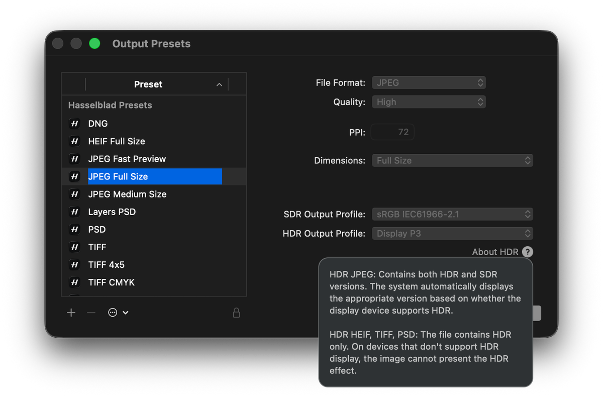 Phocus 4.2 Output Presets dialog: JPEG Full Size with sRGB SDR and Display P3 HDR profiles, About HDR tooltip open