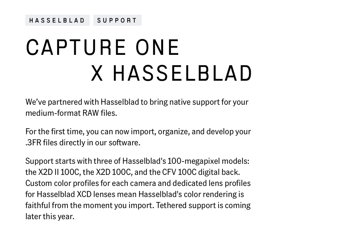 Capture One x Hasselblad announcement page describing native support for Hasselblad 3FR RAW files from the X2D II 100C, X2D 100C, and CFV 100C, with tethered support coming later this year
