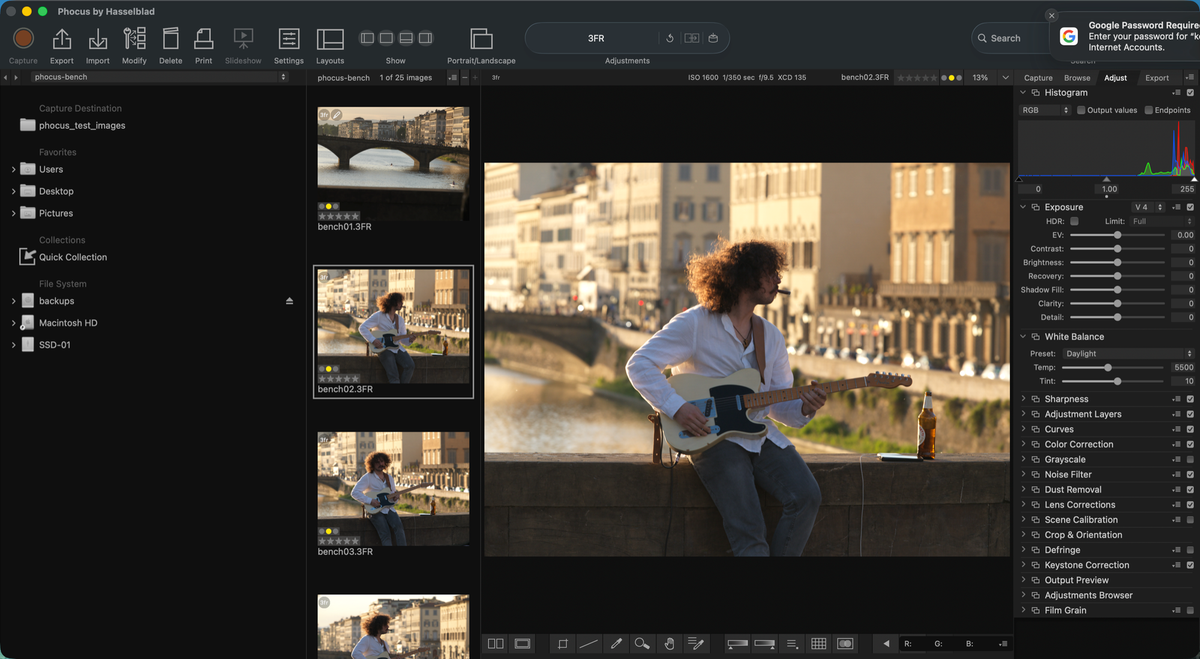 Phocus on macOS rendering a Hasselblad 3FR: image viewer with live histogram and the Adjust panel's Exposure and White Balance tools