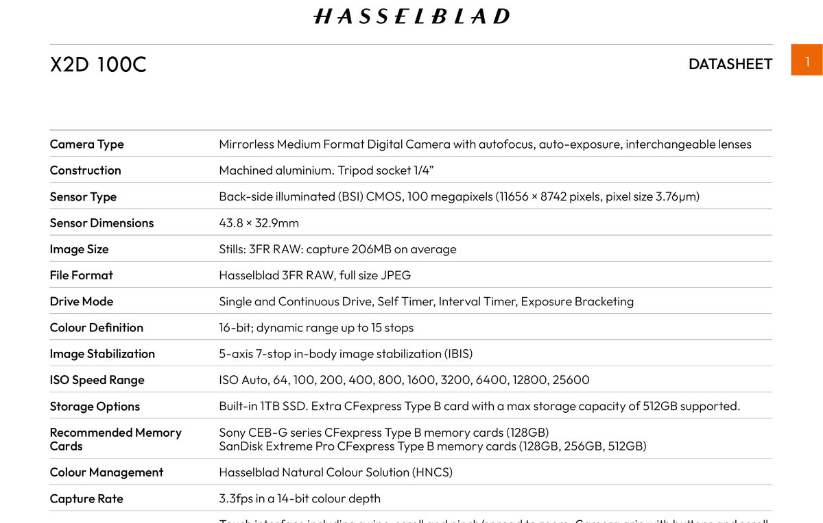 Excerpt of Hasselblad's official X2D 100C datasheet listing Colour Definition as 16-bit and Capture Rate as 3.3fps in a 14-bit colour depth