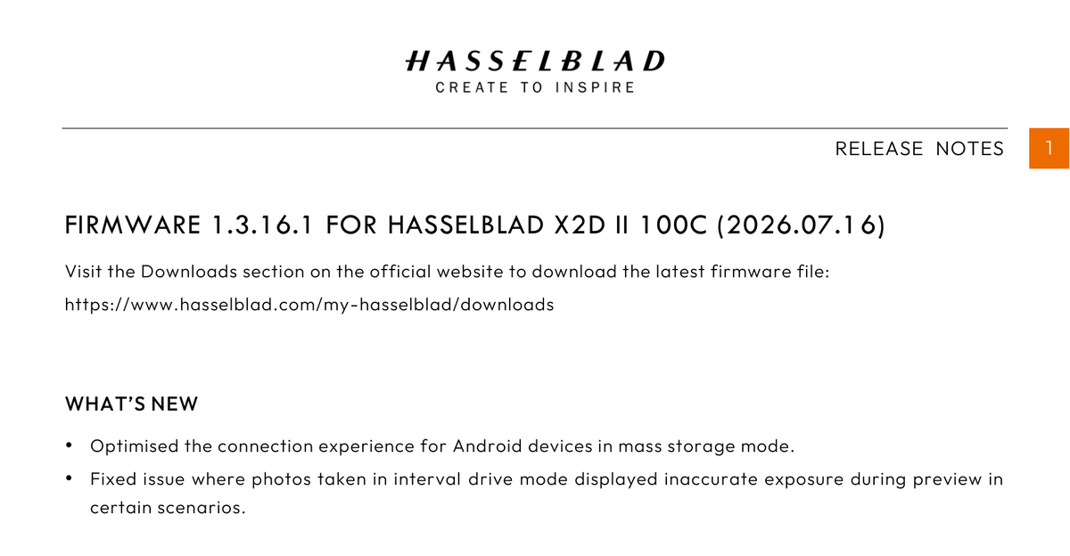 Hasselblad X2D II 100C firmware 1.3.16.1 release notes: Android connection optimisation and interval preview exposure fix