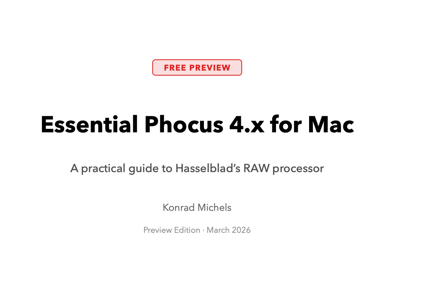 Cover page of the Essential Phocus 4.x for Mac user guide showing the title, subtitle, and author name