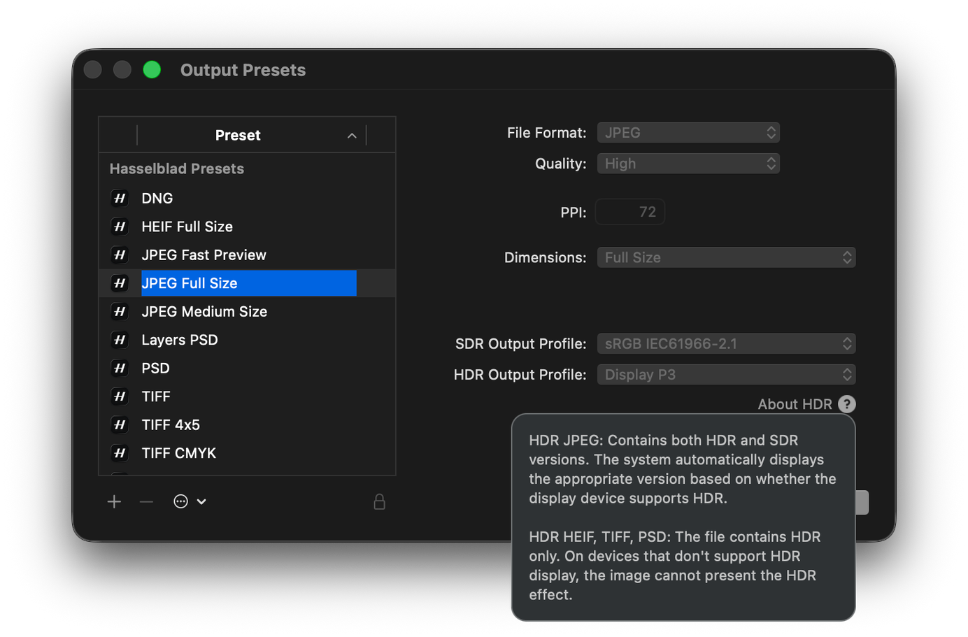 Phocus 4.2 Output Presets dialog: JPEG Full Size with sRGB SDR and Display P3 HDR profiles, About HDR tooltip open