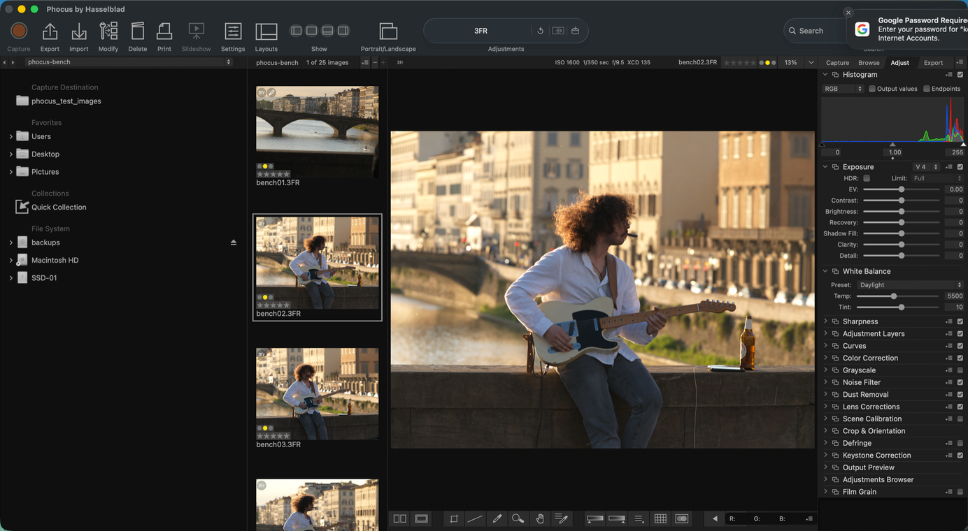 Phocus on macOS rendering a Hasselblad 3FR: image viewer with live histogram and the Adjust panel's Exposure and White Balance tools