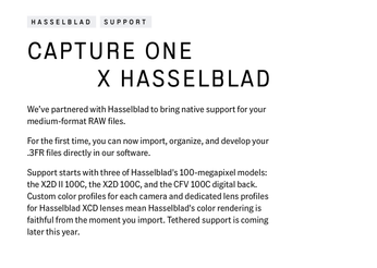 Capture One x Hasselblad announcement page describing native support for Hasselblad 3FR RAW files from the X2D II 100C, X2D 100C, and CFV 100C, with tethered support coming later this year