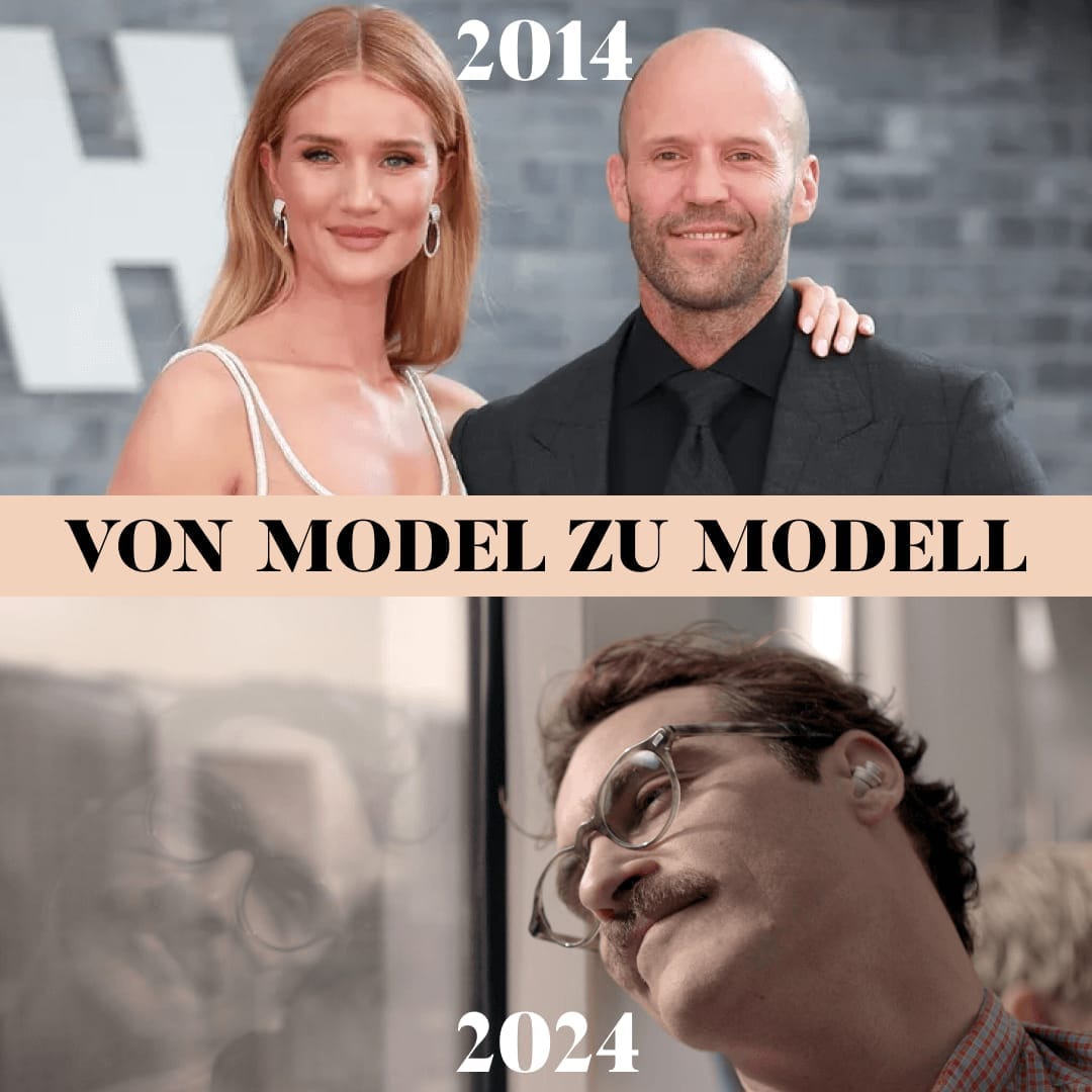 Ein Meme über OpenAI ChatGPT, das den Wandel des Datings über ein Jahrzehnt darstellt. Oben ein Bild von 2014 zeigt ein Pärchen auf dem roten Teppich, eine Frau und einen Mann, beide elegant gekleidet. Unten ein Bild von 2024 zeigt Joaquin Phoenix in einer Filmszene aus 'Her', wie er mit einem verträumten Gesichtsausdruck seinem künstlichen Voice Assistant zuhört. Über den Bildern steht 'Von Model zu Modell', was einen Wortwitz von menschlichen Models zu Computermodellen (KI) darstellt.
