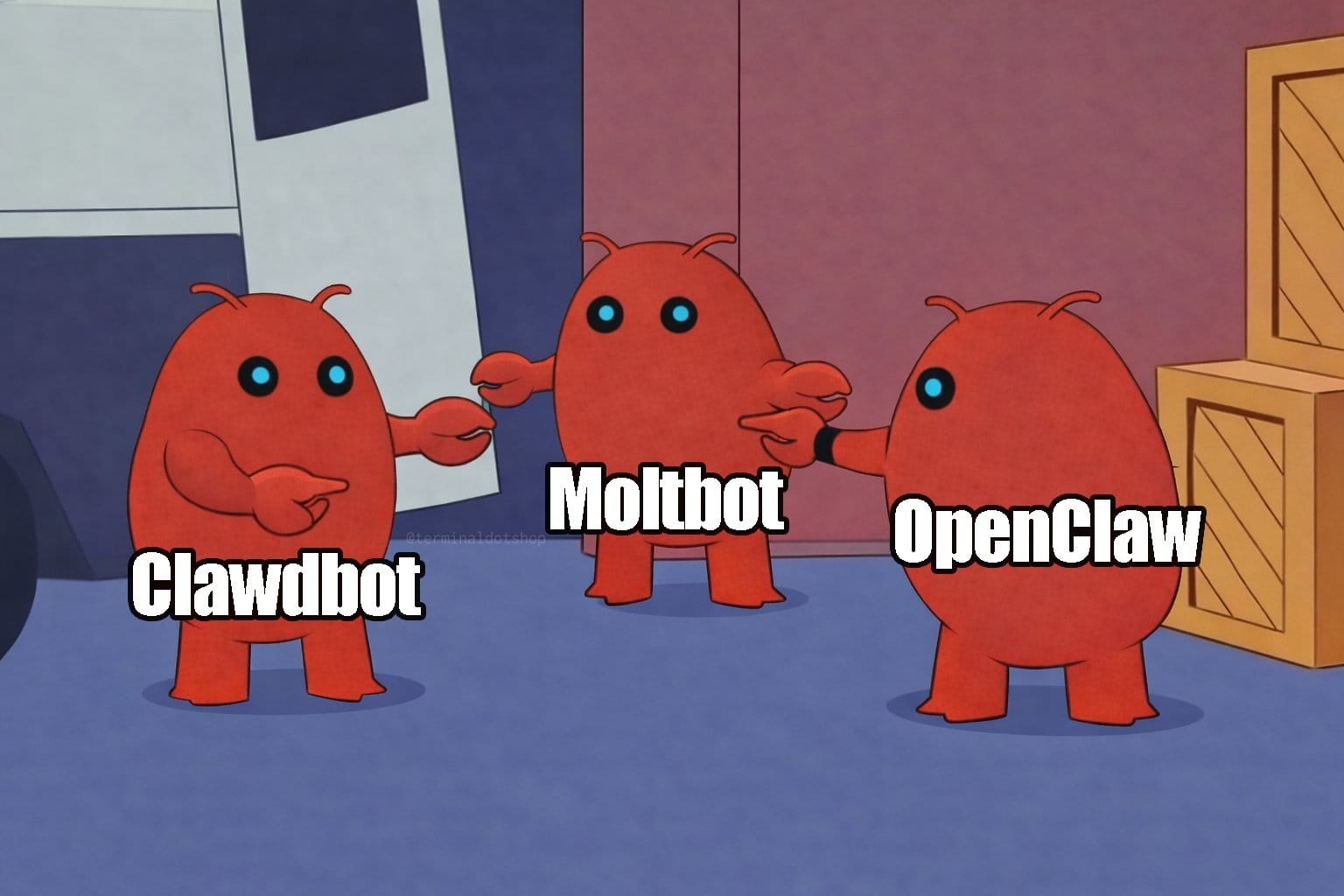Meme: Drei Krabben (Clawdbot, Moltbot, OpenClaw) zeigen aufeinander – Parodie auf die Namensänderungen durch Anthropic.
