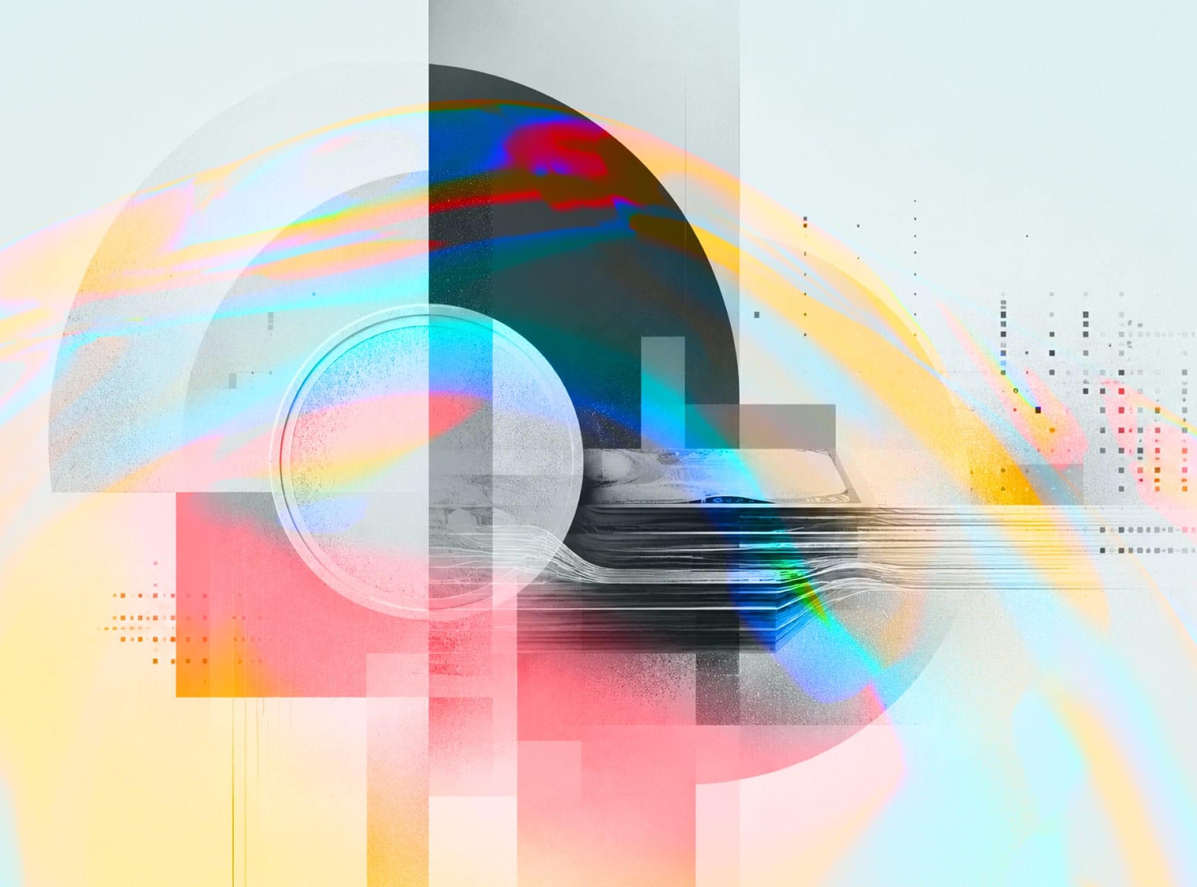 Grafik mit Dollar-Scheinen, Kreisen und Glitch-Effekten. Visualisiert die komplexe Ökonomie hinter teuren KI-Abos.