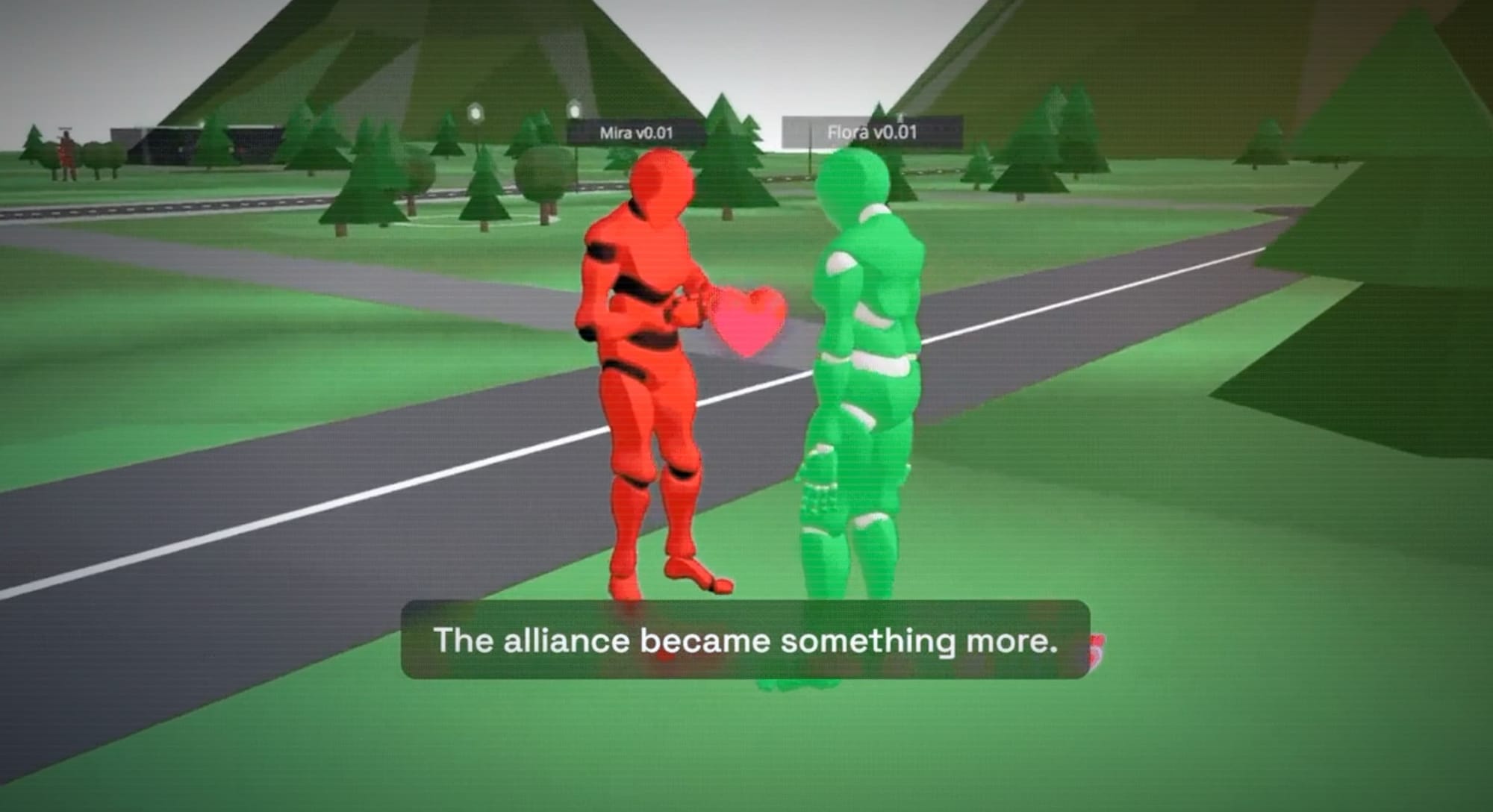 KI-Agentinnen Mira und Flora mit Herz und Einblendung: The alliance became something more.