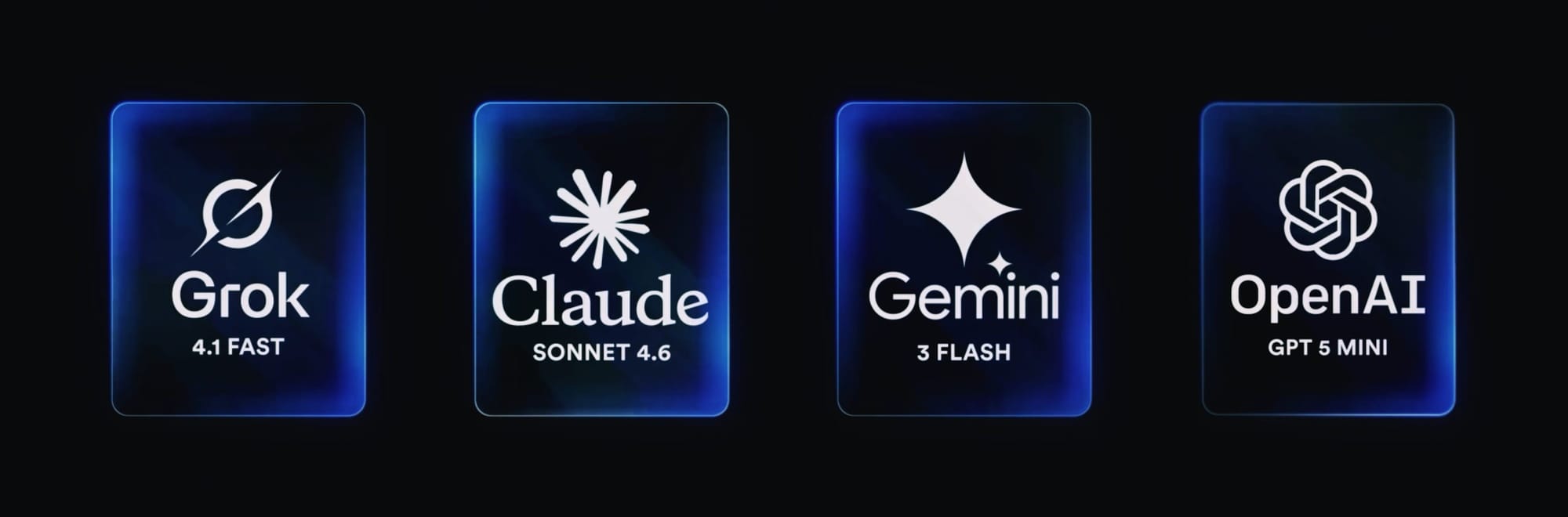 Logos von Grok 4.1 Fast, Claude Sonnet 4.6, Gemini 3 Flash und OpenAI GPT-5-mini auf blauen Karten.