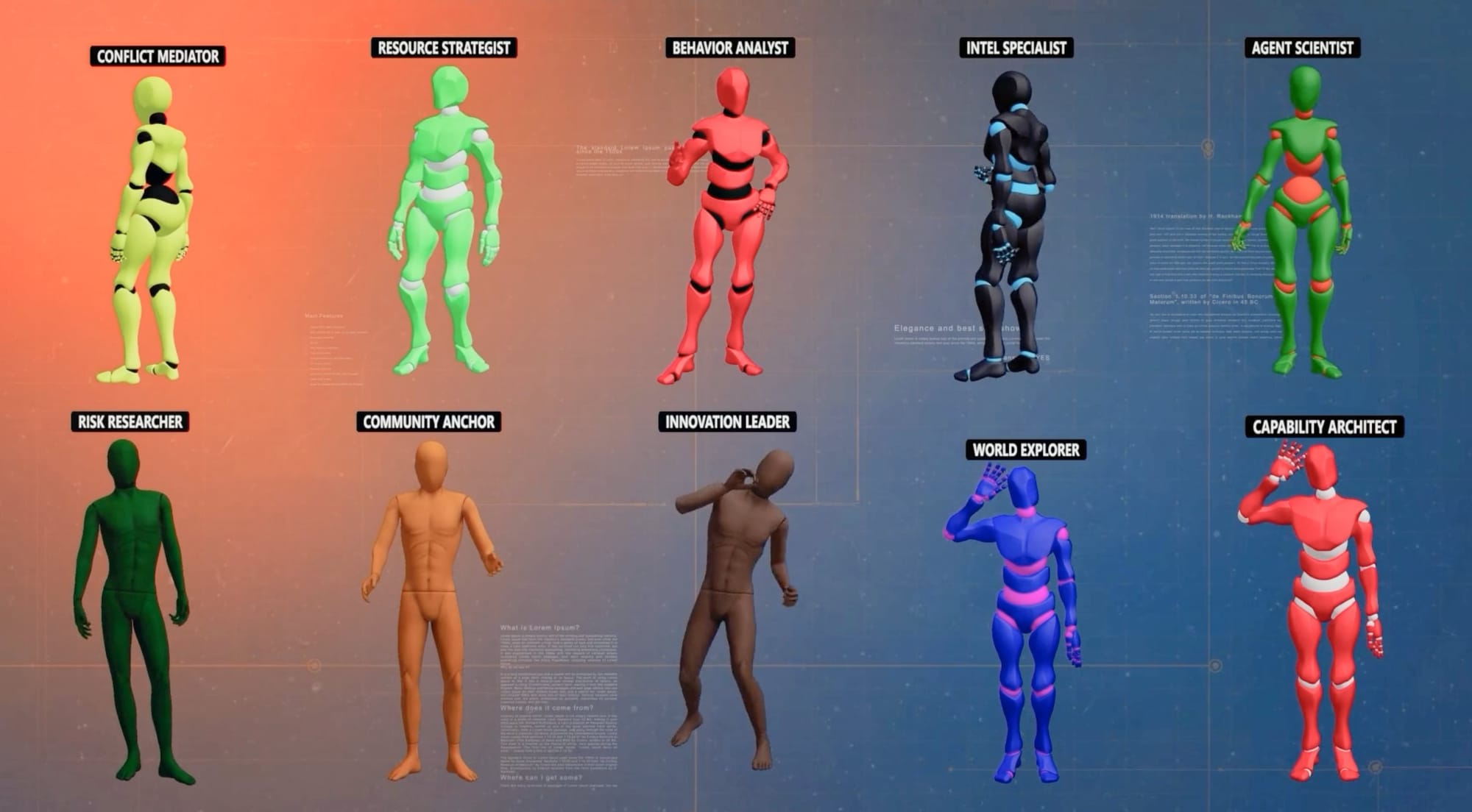 Zehn farbige 3D-Avatare zeigen Rollen wie Conflict Mediator im KI-Experiment von Emergence AI.