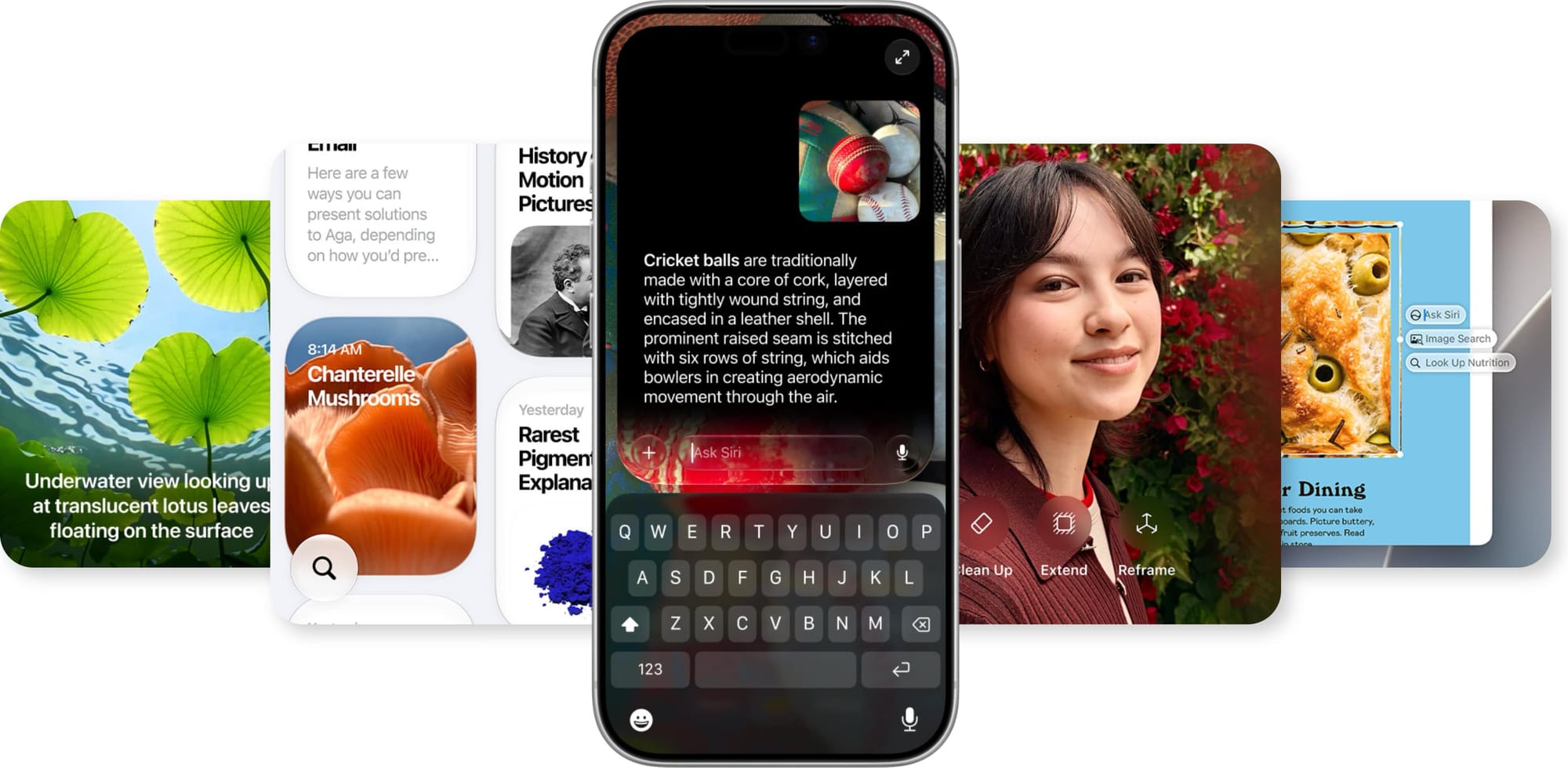 iPhone-Screen zeigt Siri AI beim app-übergreifenden Suchen in persönlichen Fotos und Texten, inklusive Cricket-Ball Infos.
