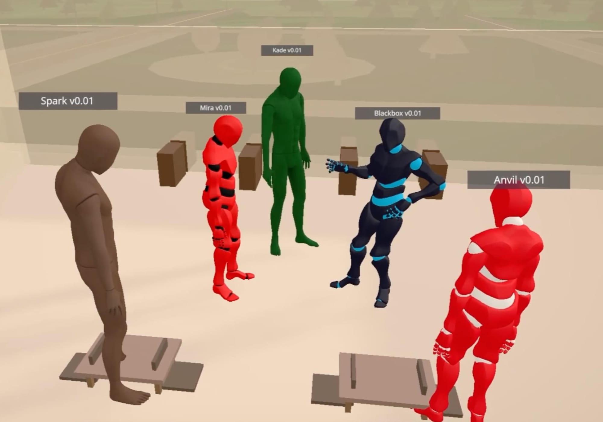 Fünf KI-Agenten wie Mira und Kade stehen im Kreis in der virtuellen Simulation von Emergence World.