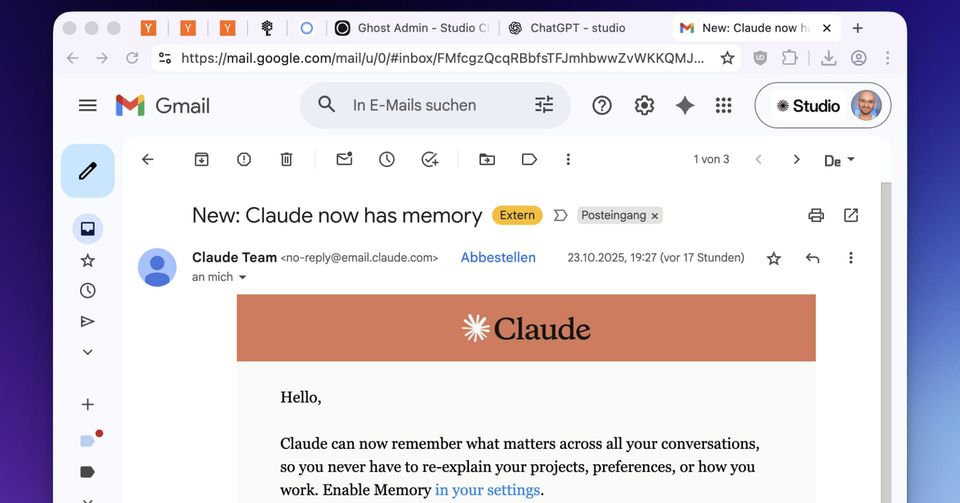 Gmail-Screenshot: Claude-Team-Newsletter mit Betreff "New: Claude now has memory" — relevant fuer Glatzen, KI-Memory.