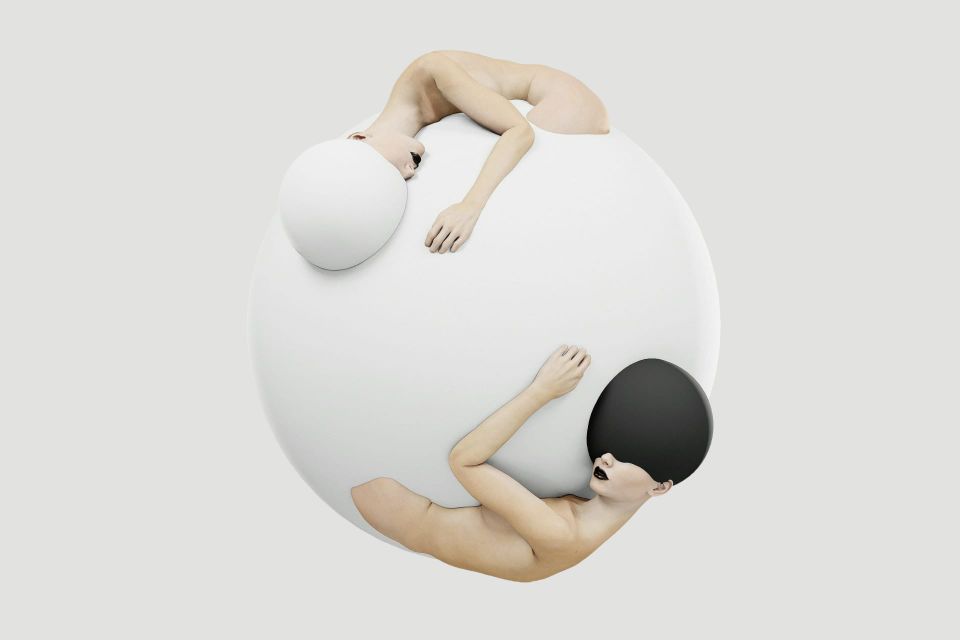 Künstlerische Darstellung der Verbindung von Mensch und KI als Yin-Yang-Motiv um eine weiße Kugel.