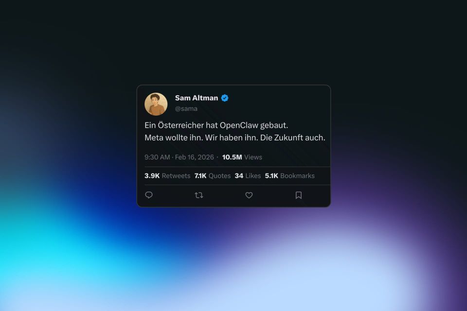 Sam Altman Tweet: Ein Österreicher hat OpenClaw gebaut. Meta wollte ihn. Wir haben ihn. Bestätigt Peter Steinbergers Wechsel.