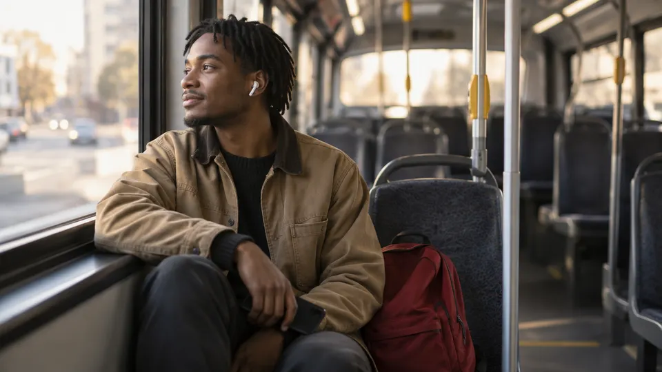 Young adult on a morning bus ride, relaxed and hopeful, no longer feeling behind financially