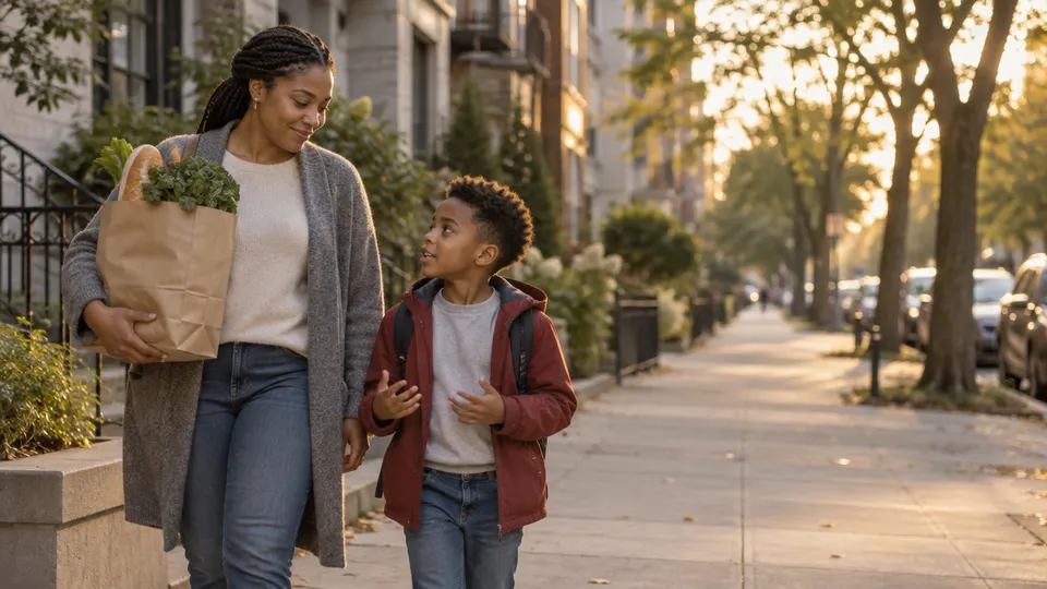 Single parent emergency fund story: a mother in her 30s and her son walking home with groceries