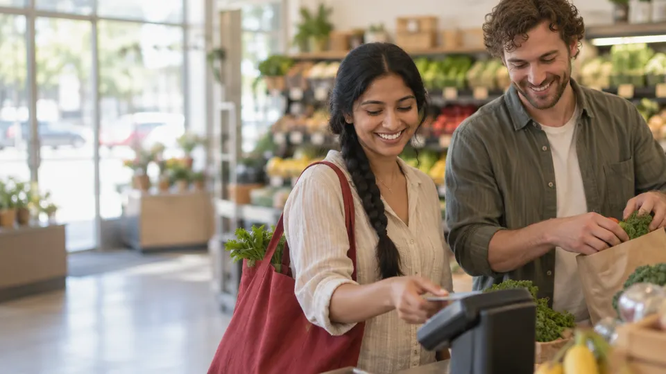 Couple at the grocery checkout deciding how to split costs between joint and separate accounts