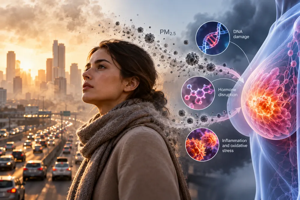Air pollution and breast cancer risk research showing how PM2.5 and traffic-related pollutants may affect women's health.