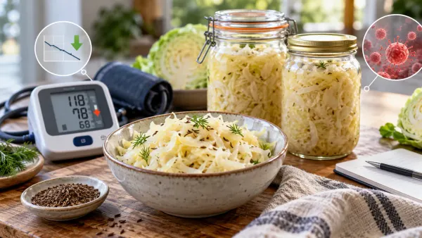 Bowl of fermented sauerkraut on a wooden table, the food tested in a 2026 study on inflammation and blood pressure