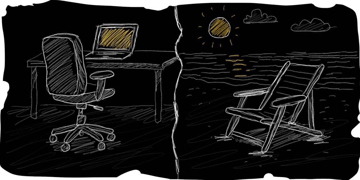 A desk on the left and a chair on the right, contrasting work and life.