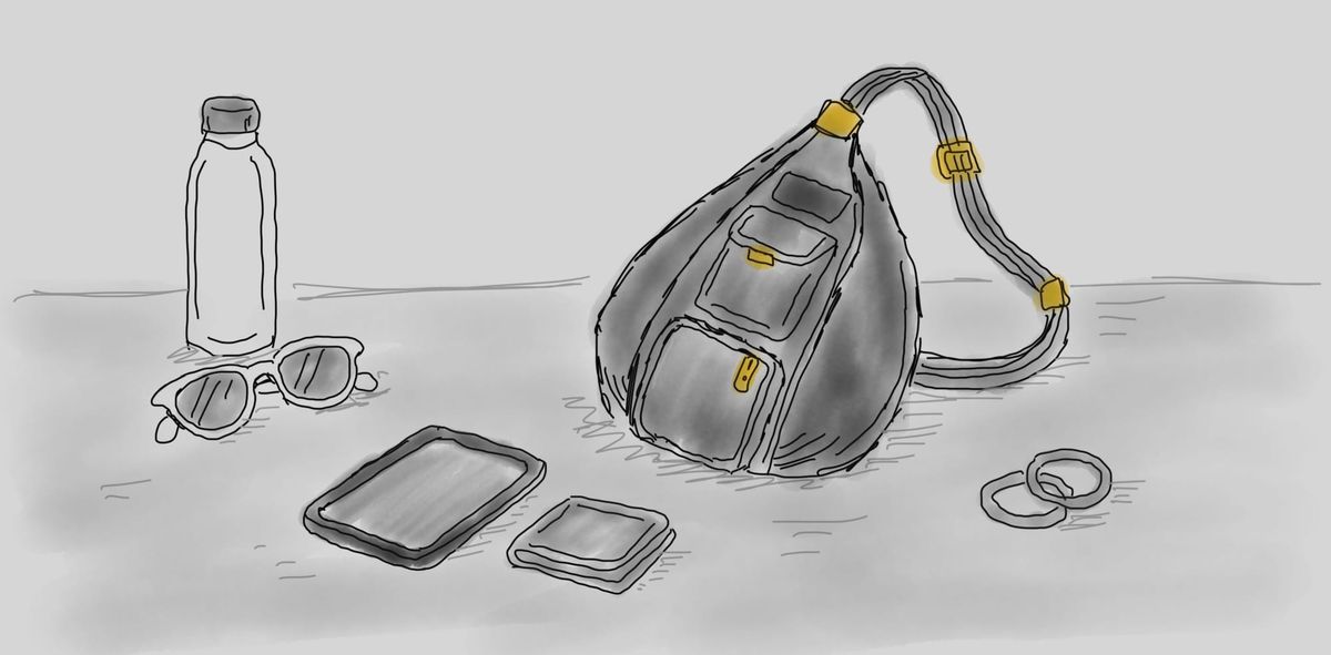 An image of a Kavu sling bag, with an iPad mini, sunglasses, water bottle, wallet, and hair ties.